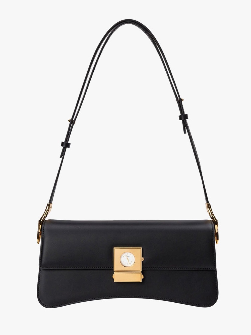Sleek Black Shoulder Bag with Gold Clock Accent